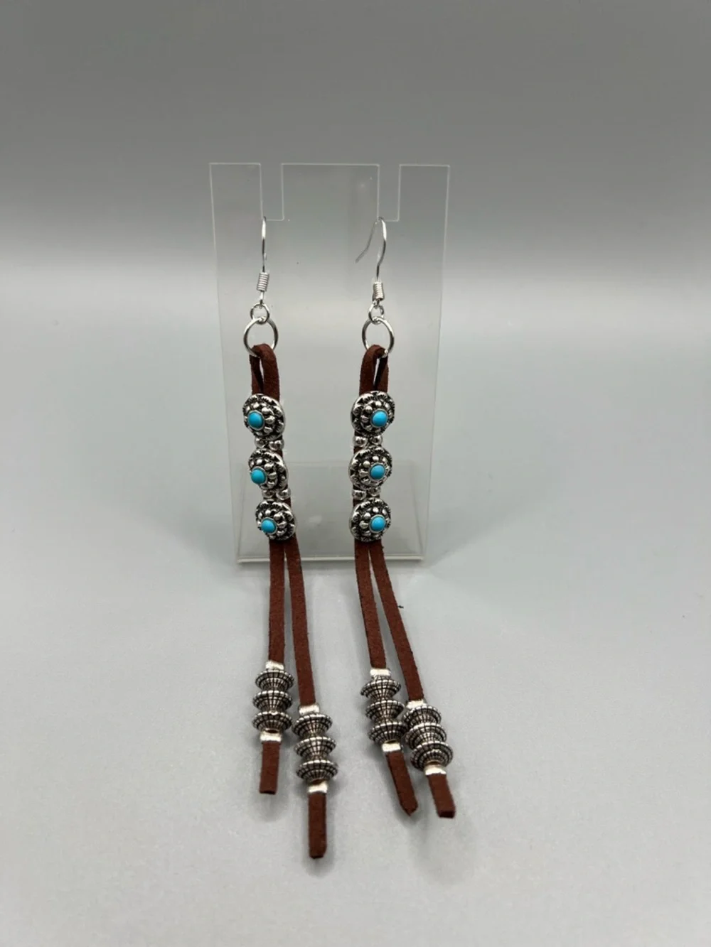 Boho Brown Leather Tassel Earrings with Turquoise Bead - Handmade #E0199C - Picture 2 of 4